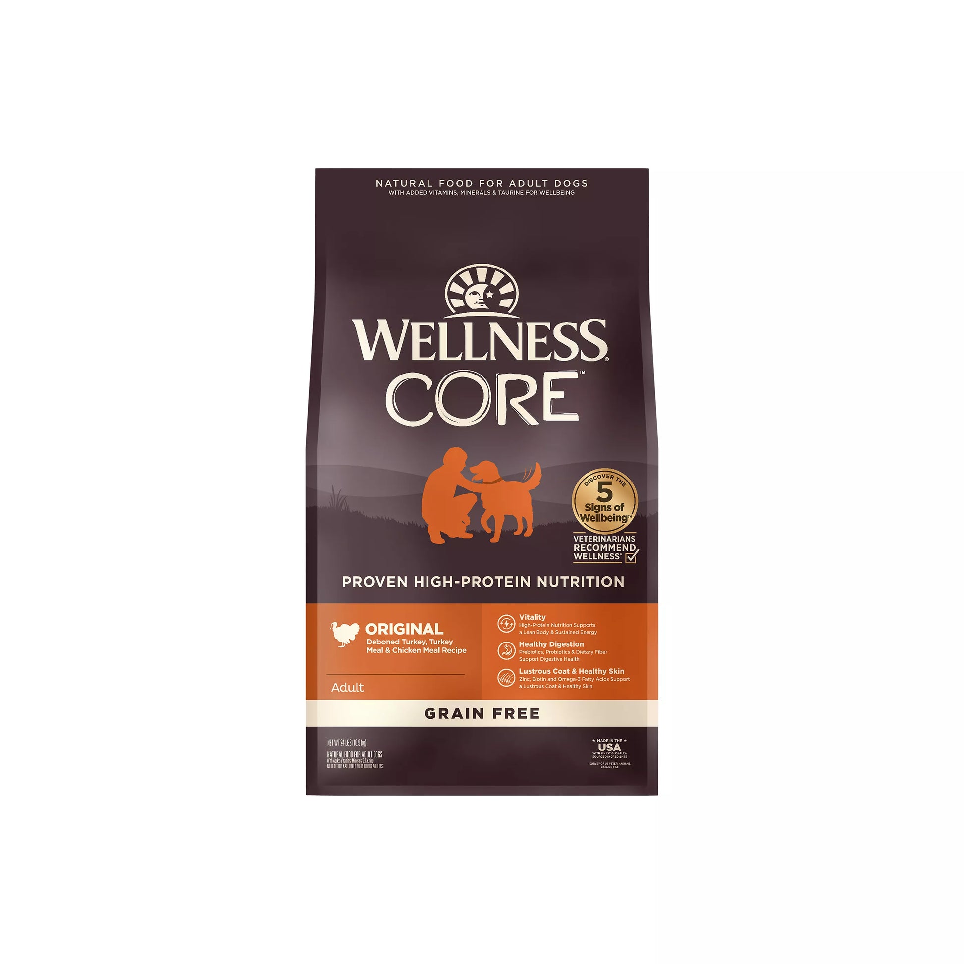 Wellness Core grain free turkey and chicken dog food in a brown bag for adult dogs