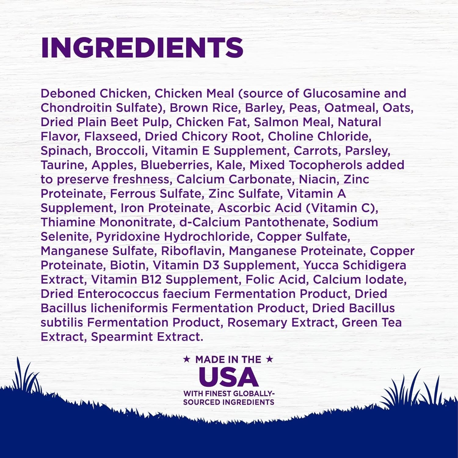 Ingredients list for The Family Pet healthy dry dog food for large breeds with various nutritious components.