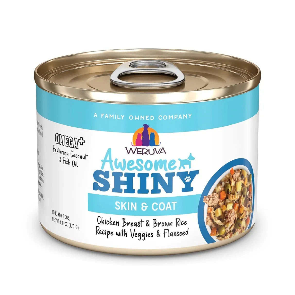 Weruva Dog Shiny Chicken & Vegetable in a vibrant packaging, available in 6oz and 14oz sizes from The Family Pet.