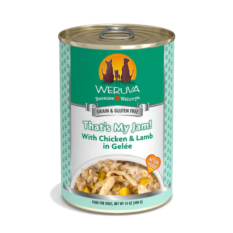 Weruva That's My Jam Wet Dog Food 14oz by The Family Pet, featuring a colorful packaging design perfect for dogs.