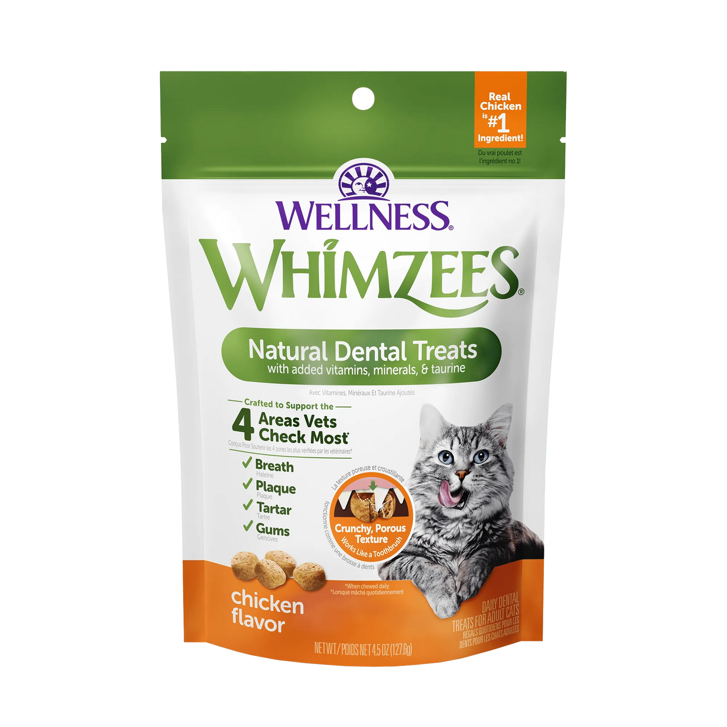 Whimzee Cat Chicken Dental Treats (2oz) by Purrfect Pet Kingdom, featuring a vibrant packaging design, ideal for cat groom...