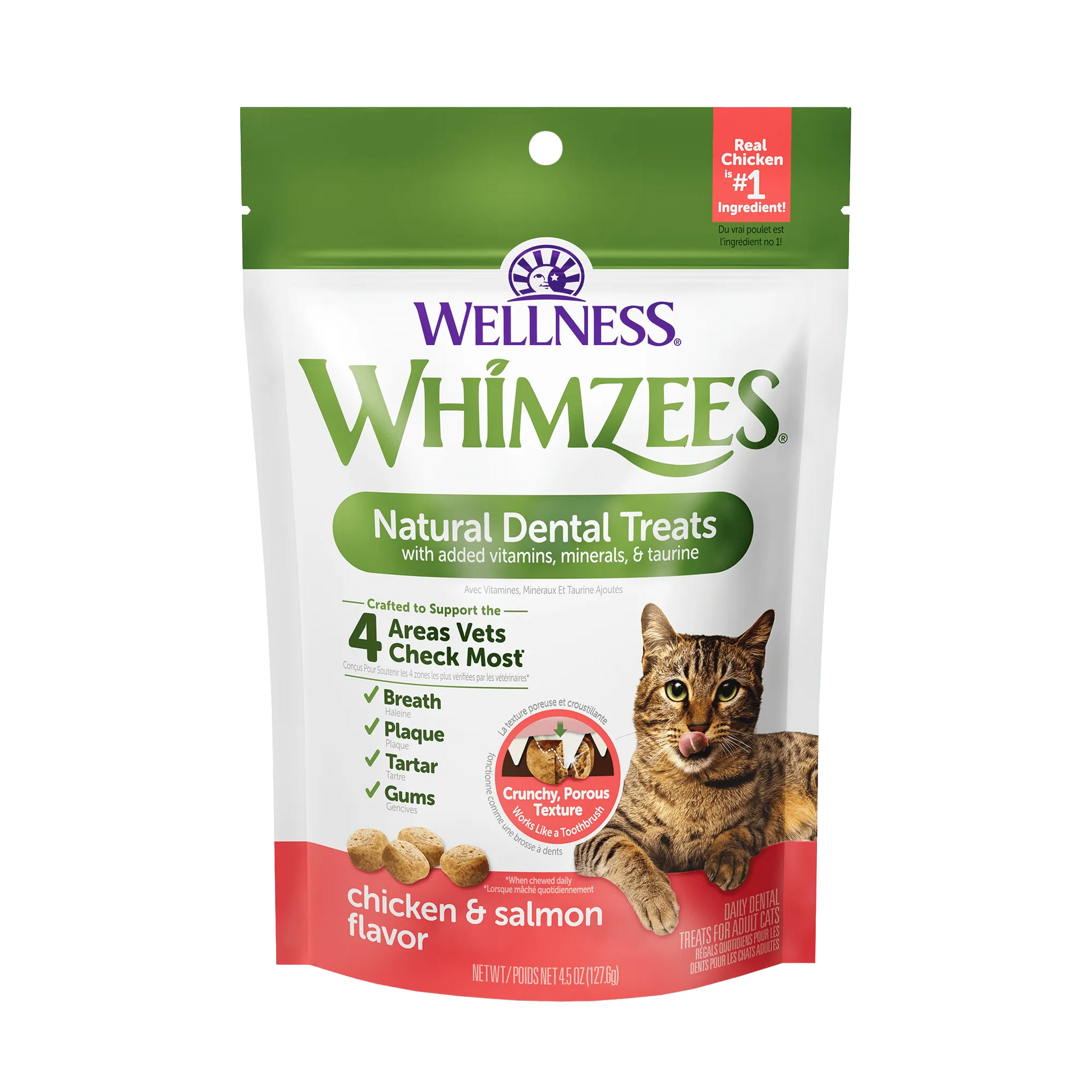Whimzee Cat Chicken and Salmon Dental Treats by The Family Pet, 2oz package, featuring colorful treats for healthy cat den...