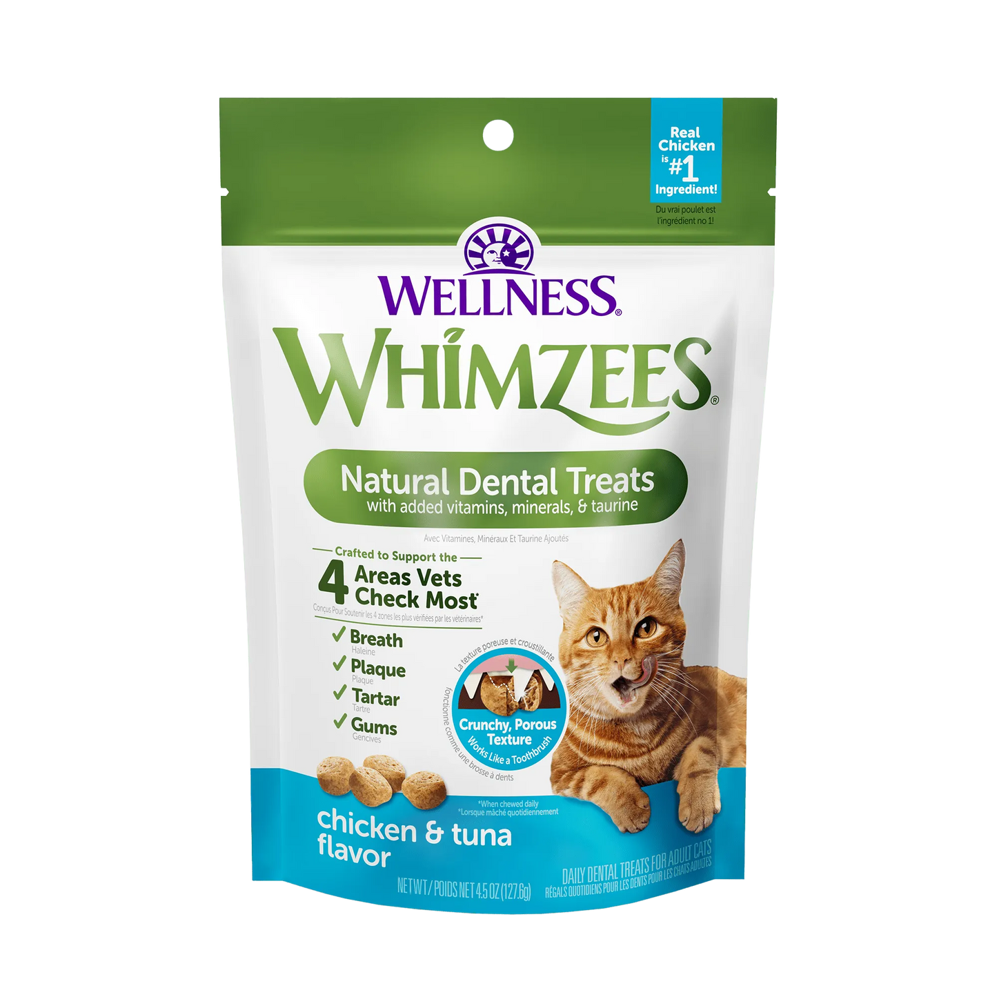 Whimzee Cat Chicken and Tuna Dental Treats by Purrfect Pet Kingdom, 2oz package, featuring a colorful design ideal for cat...