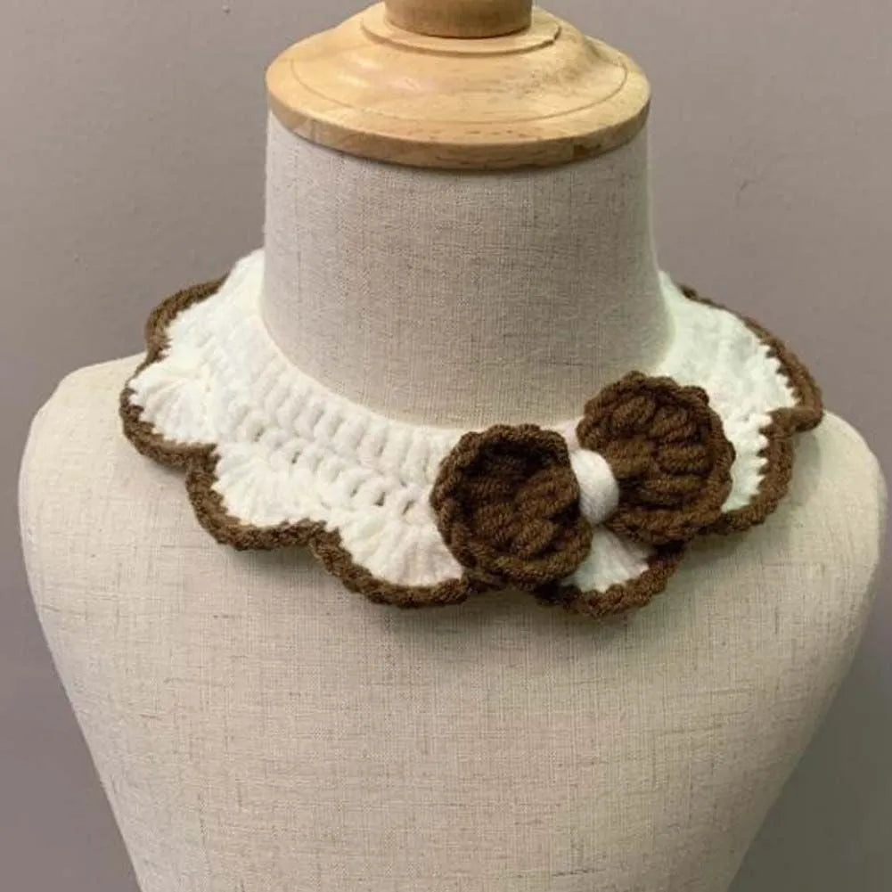 White handmade knitted collar with a brown knotbow for pets by Berry Charmz, perfect for dogs and cats, size 37.72.