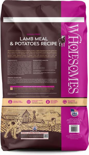 Wholesomes Grain Free Lamb Dog Food featuring lamb meal and potatoes for healthy canine nutrition