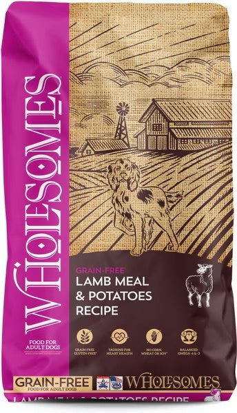 Wholesomes grain free lamb dog food in a brown bag with lamb meal and potatoes recipe