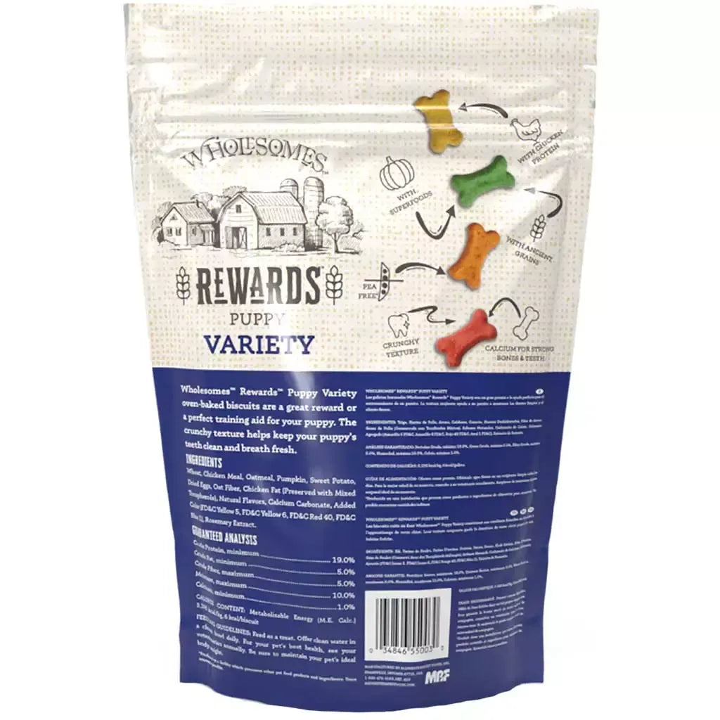 Wholesomes Puppy Variety Dog Treats by The Family Pet, 2lb bag, colorful packaging, perfect for training and rewarding dogs.