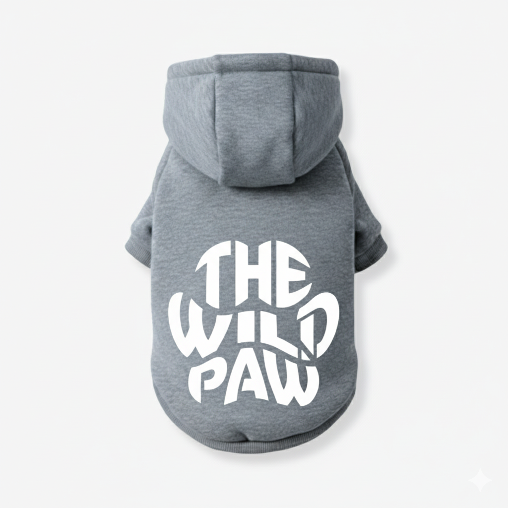 Gray dog hoodie with hood featuring The Wild Paw logo for pet comfort and style