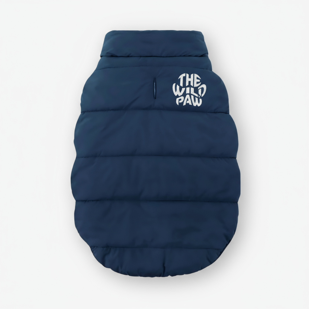 The Wild Paw luxury dog winter coat in navy blue, perfect for pet warmth and style