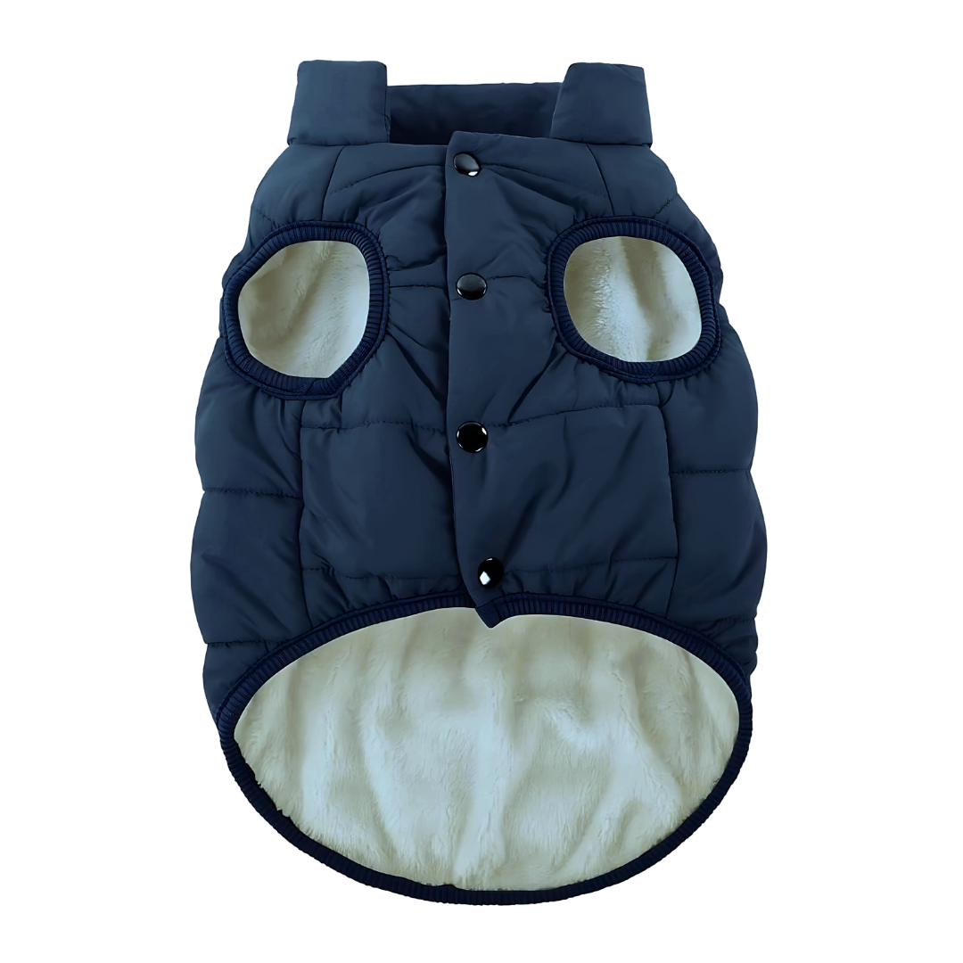 The Wild Paw luxury dog winter coat in navy with a cozy faux fur lining and button closures