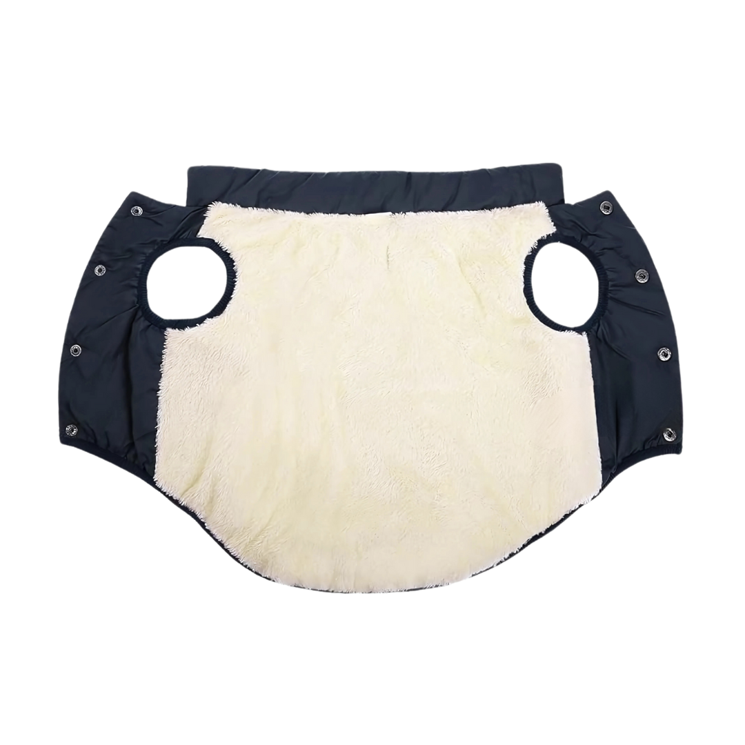 Luxury dog winter coat in black and cream with soft fleece lining for warmth and comfort