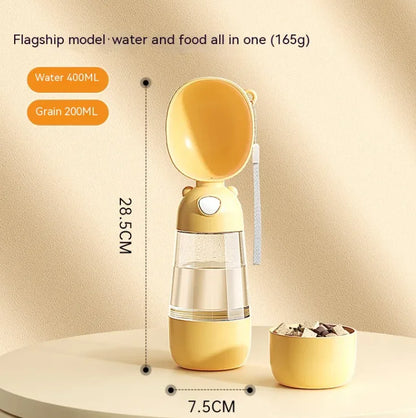 Yellow Mimarta plastic 2-in-1 travel dog water bottle and food container with clear reservoir and wrist strap.