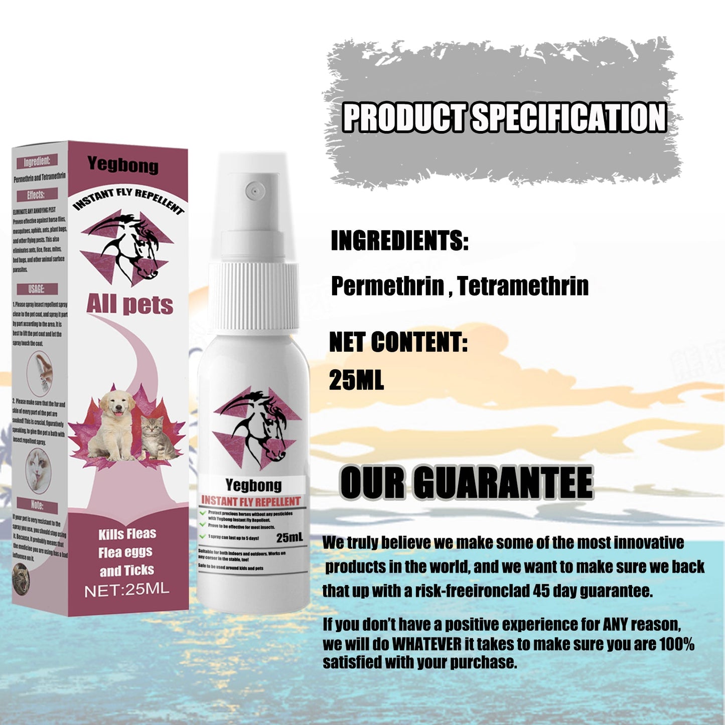 Yegbong anti-itch spray for pets in a 25ml bottle designed to repel fleas and ticks effectively