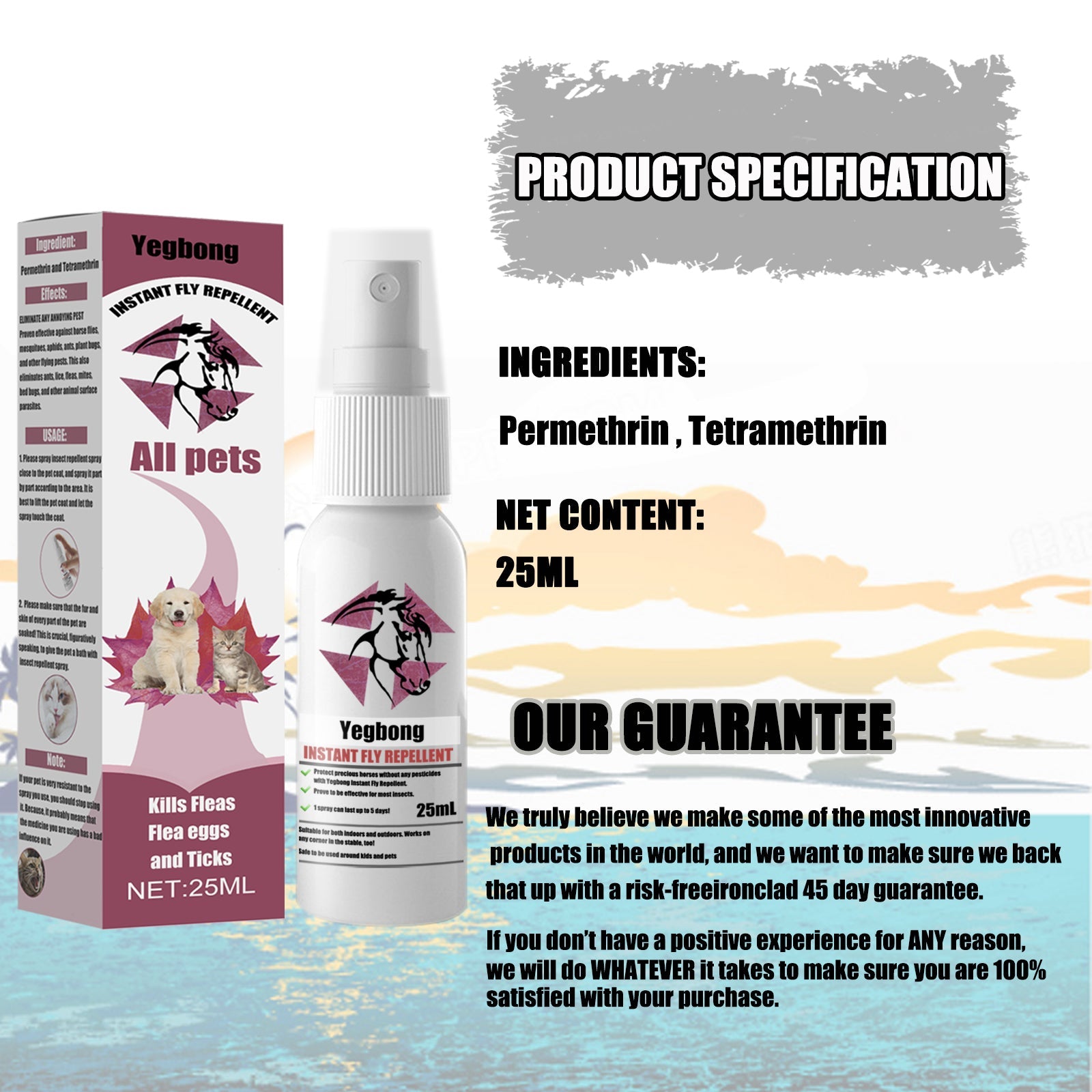 Yegbong anti-itch spray for pets in a 25ml bottle designed to repel fleas and ticks effectively