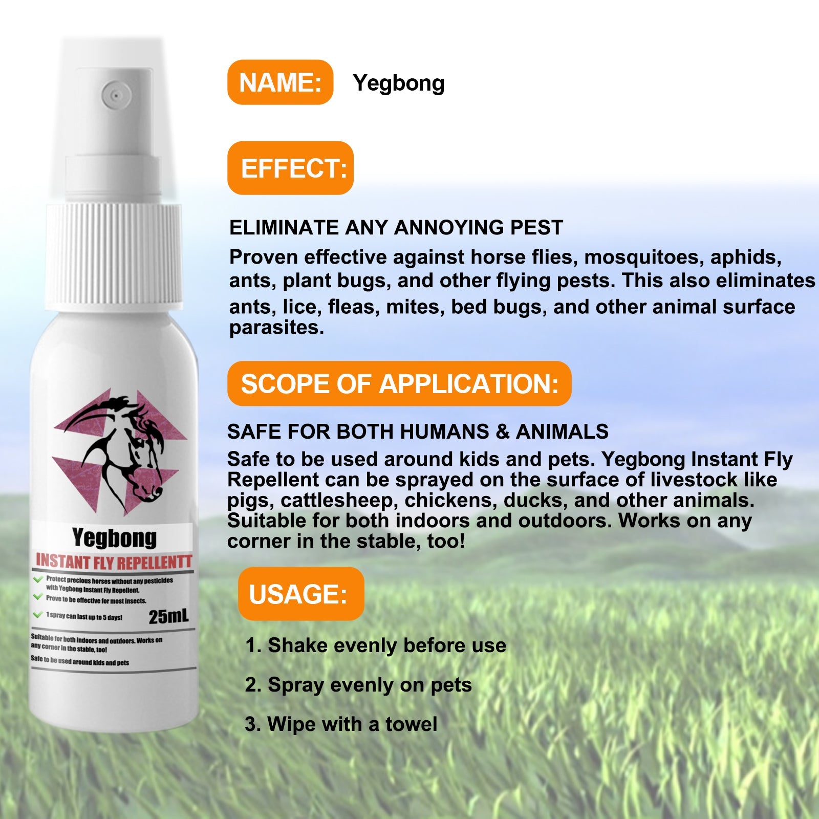 Yegbong Instant Fly Repellent Spray for pets designed as anti-itch spray for pets to eliminate pesky insects