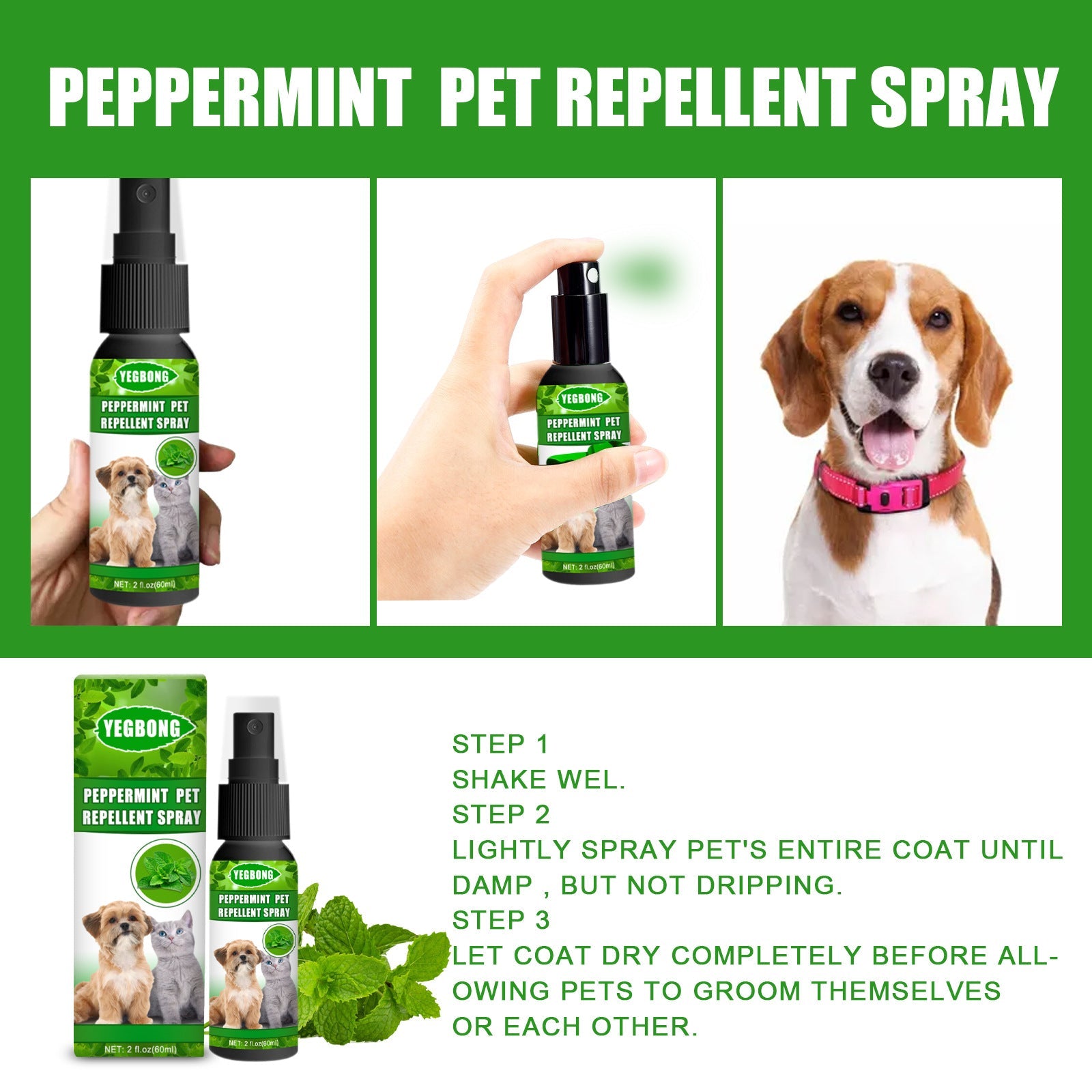 Peppermint pet repellent spray bottle for dogs and cats with usage instructions for effective application
