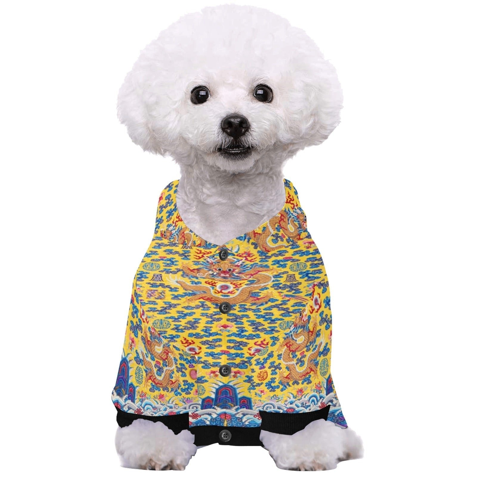 Pet Apparel Yellow Qing Dynasty Dragon Button Hoodie Essenti - close up product image for pet apparel