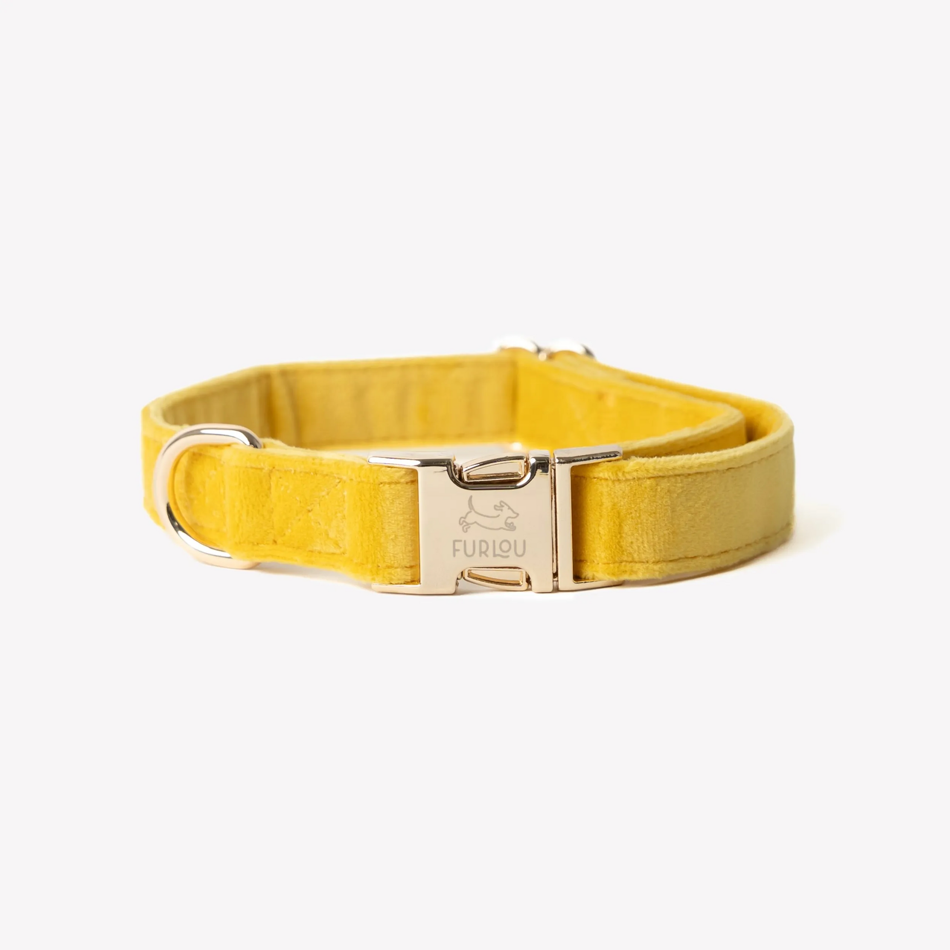 Yellow velvet dog collar by FURLOU, available in SMALL, MEDIUM, and LARGE sizes, perfect for stylish pets.
