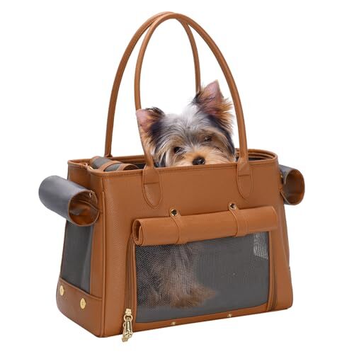 Tail Chasers leather cat carrier tote in brown with mesh windows for ventilation