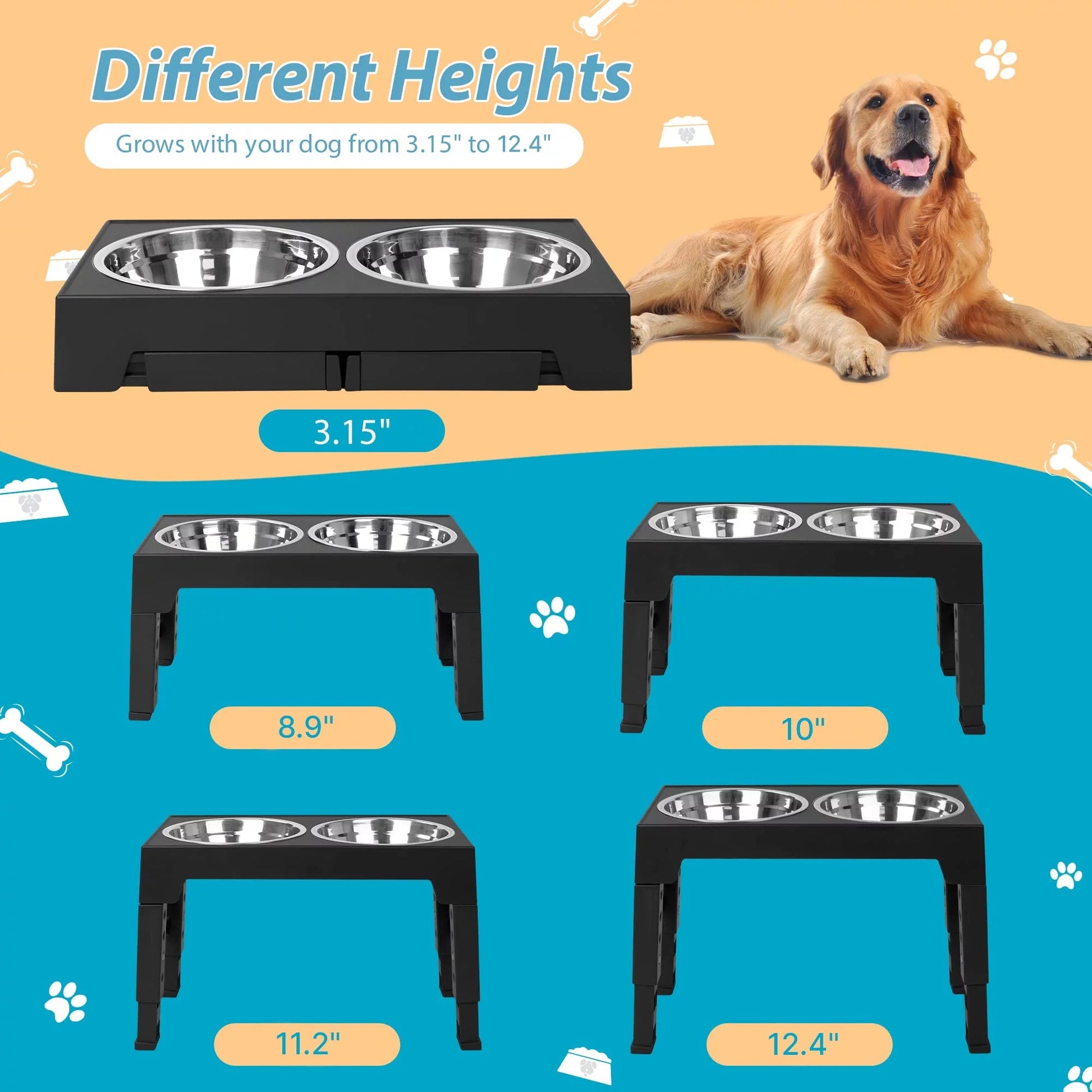 Adjustable raised dog feeders for large dogs in various heights from 3.15 to 12.4 inches, ideal for comfortable feeding